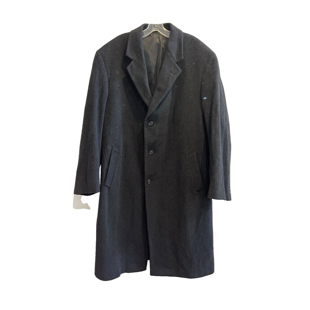 Nautica Mens 44L Black Wool Overcoat Coat Classic Long Preppy Collared Academia